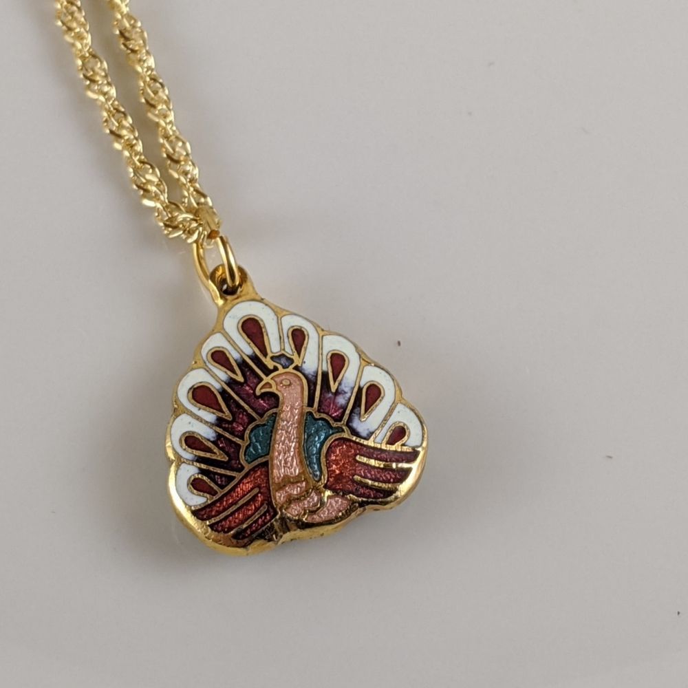 Vintage Cloisonne Pink Puffy Peacock GP Necklace